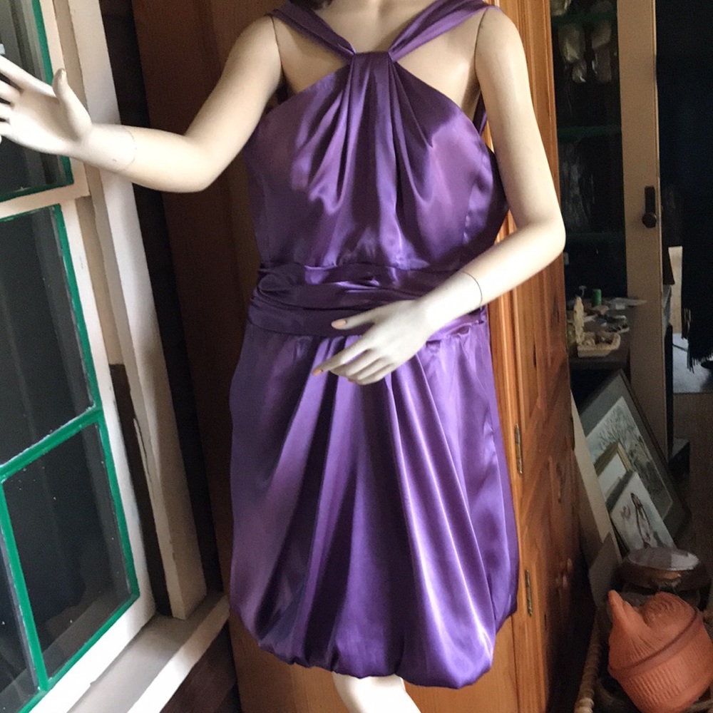 DAVIDS BRIDAL AUBERGINE BUBBLE HEM DRESS